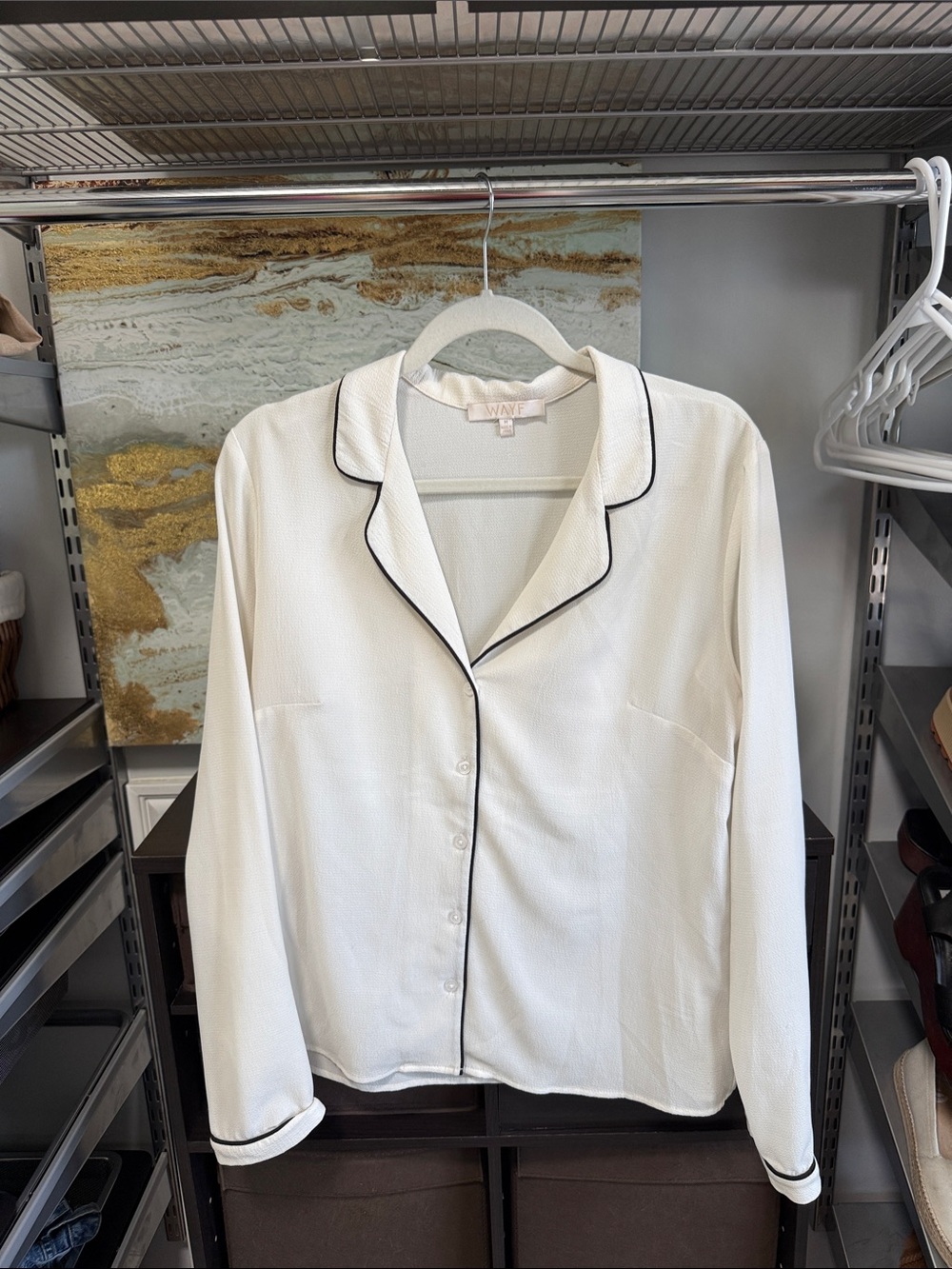 WAYF Cream Button Down Blouse with Black Piping